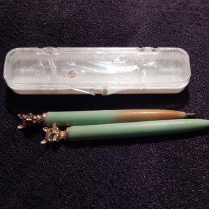 Vintage 1940's Mini Cat Dog Head Pens With Case Blue Red Eyes Gold Green 3 3/8"